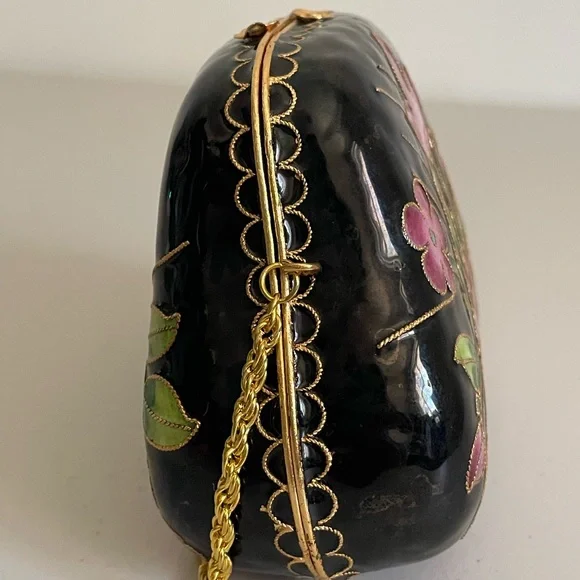 Cloisonné Purse Handbag Trinket Box Black Pink Flowers 3.5" - Picture 4 of 10